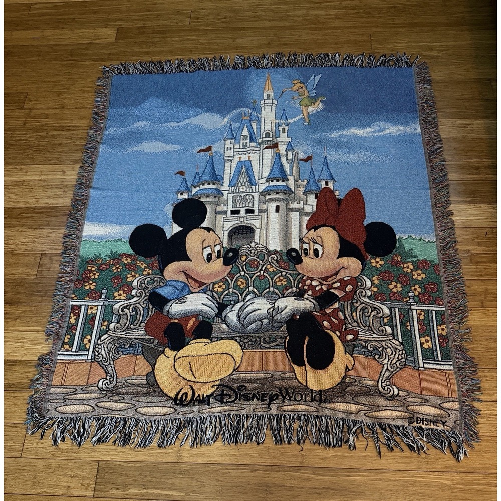 Vintage Disney WDW Mickey & Minnie Mouse Tapestry Woven Throw Blanket 60 x 50